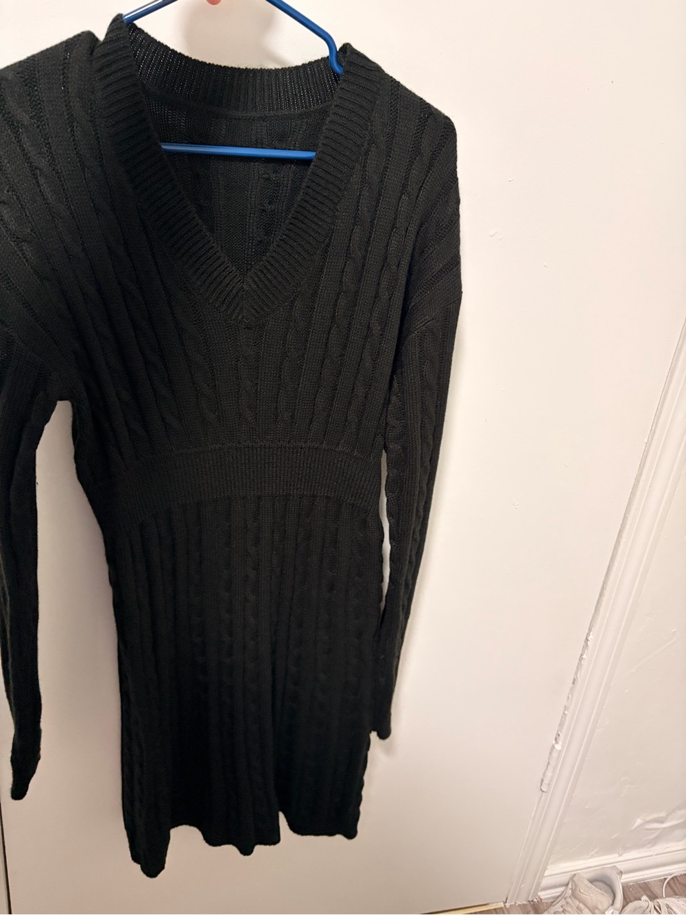 V-Neck Black Cable-Knit Sweater Dress